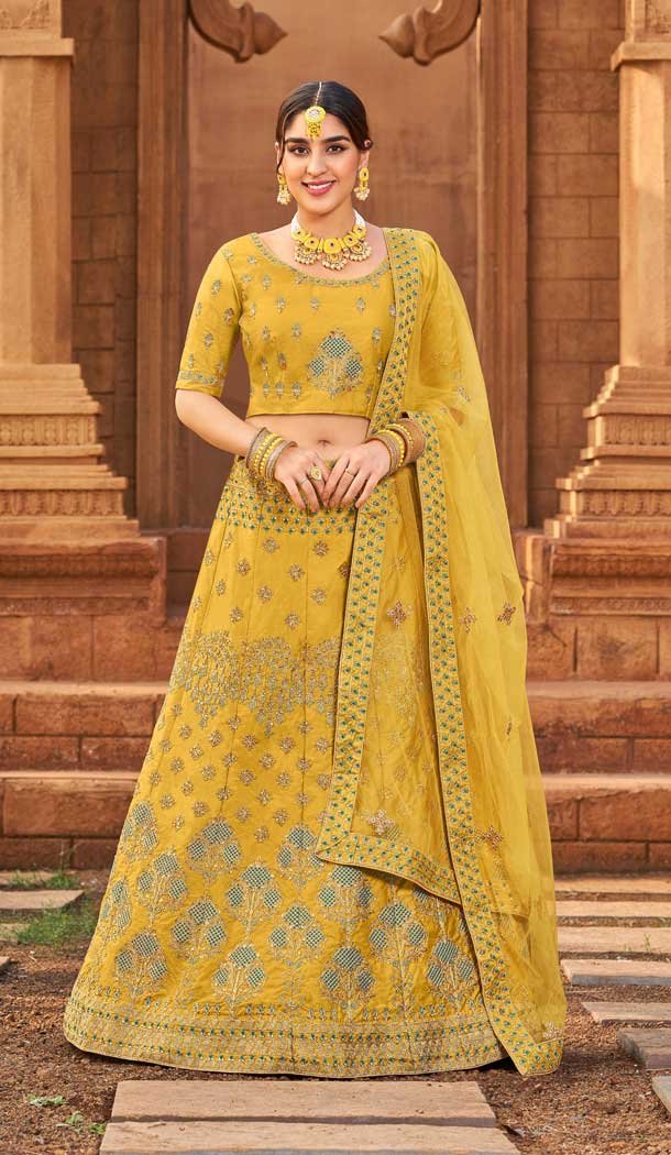 Yellow Color Women Lehenga bridesmaid Embroidered Attractive PartyWear Malay Satin Silk Semistich lehenga choli with Heavy Net fashion dupatta