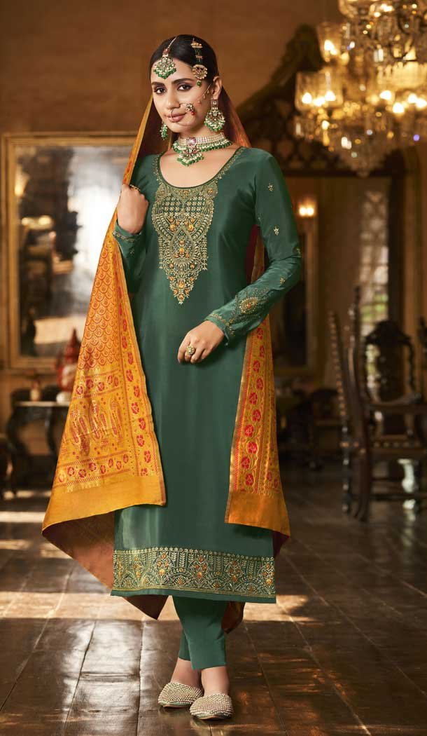 Traditional Green Color Indian/Pakistani Bollywood Trending Faux Georgette With Embroidery Work orders Ethnic Salwar Kameez Dress Party Wear Suit