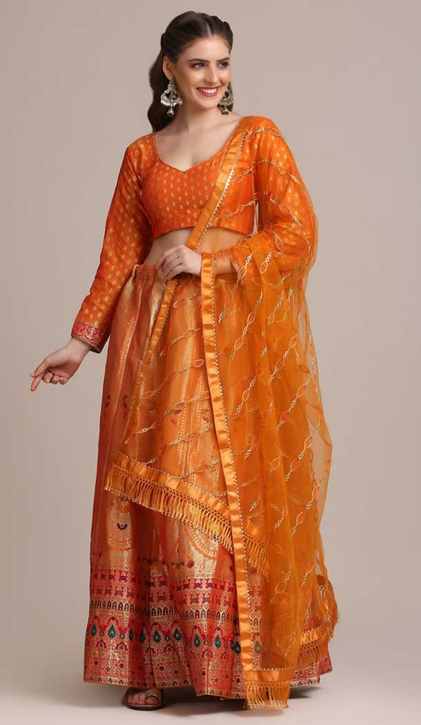 Orange Jacquard Silk Gold Woven Work Traditional Wear Lehenga Choli 4426154468 Heenastyle 