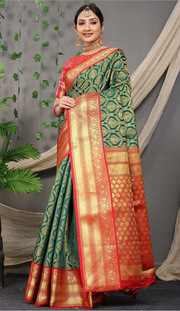 Indian Banarasi Silk With hot Multi Jacquard Work, Heavy Pallu And Green Butta Designer Saree And Party, Wedding Wears For Women Girls Sari