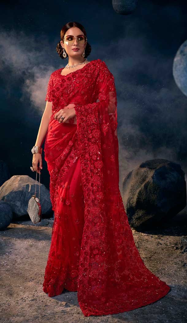 Party Wear Red Color Net Diamond Moti Work Saree Blouse Heenastyle