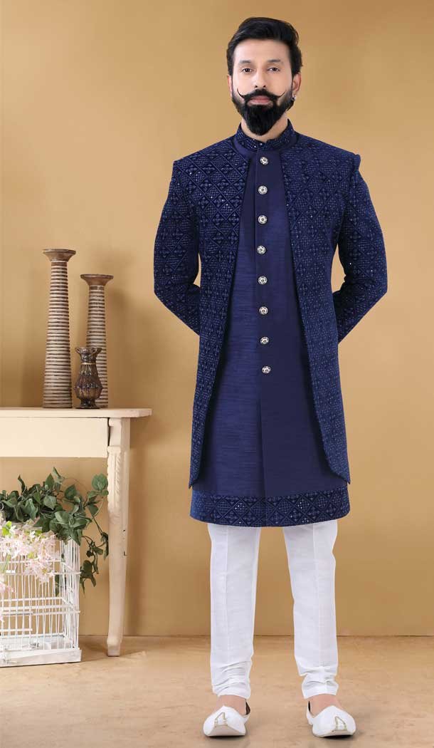 Navy blue color sherwani best sale