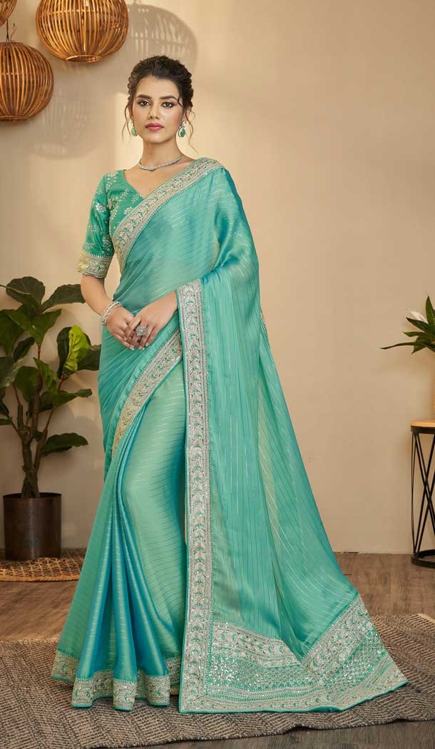 Sea Green Color Silk Sequence And Zari Work Party Wear Designer Saree 5006159156