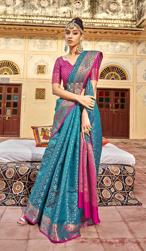 Bright Blue Silk Patola Saree || Rich Indian Ethnic cheapest Wear || Traditional Indian Saree || Gift for Her Free Shipping ||