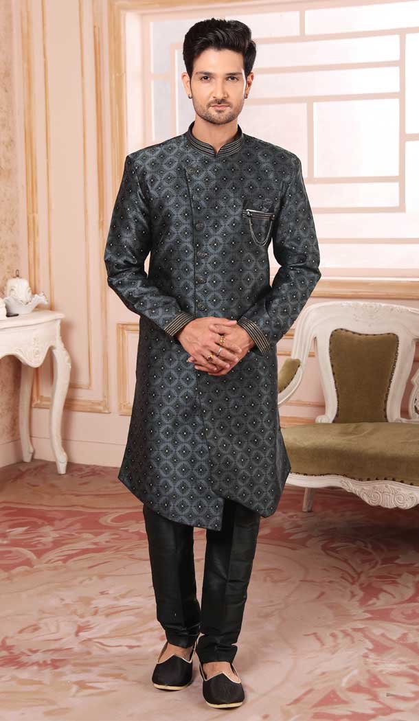 Dark Grey Color Jacquard Semi Silk Brocade Printed Work Wedding Wear Men s Semi Indo Weste Heena Style