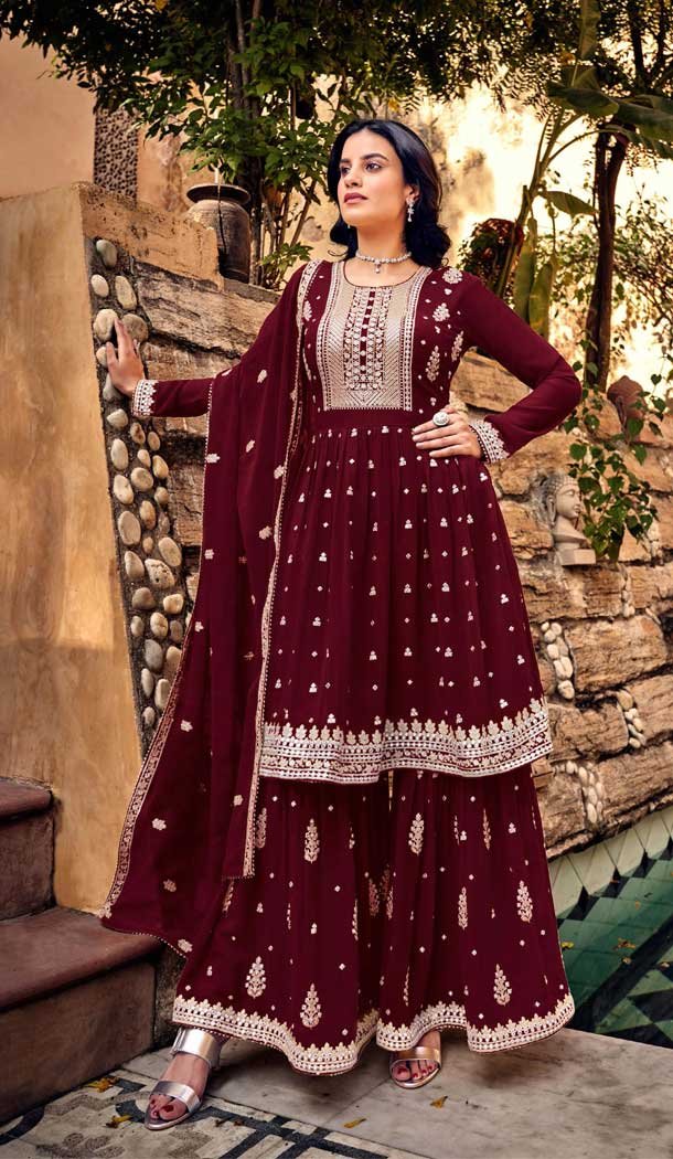 Maroon Party Wear Salwar Kameez Pant Suit store Indian Pakistani Wedding Wear Georgette Embroidery Work Eid Style Suits