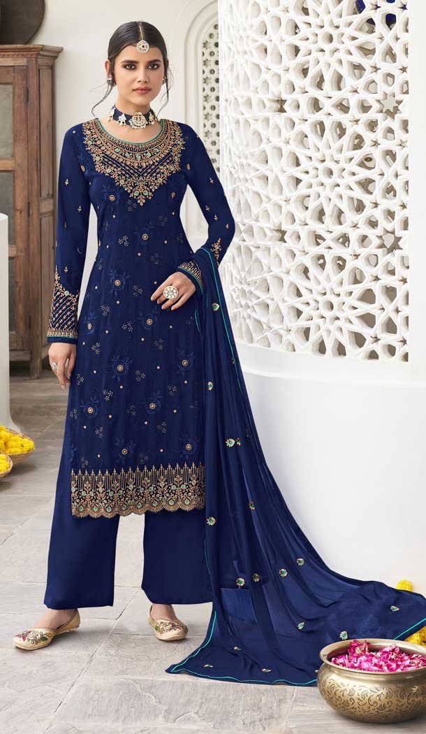 Heenastyle Navy Blue Color Georgette Embroidery Work Pakistani Style Salwar Kameez 5326161328