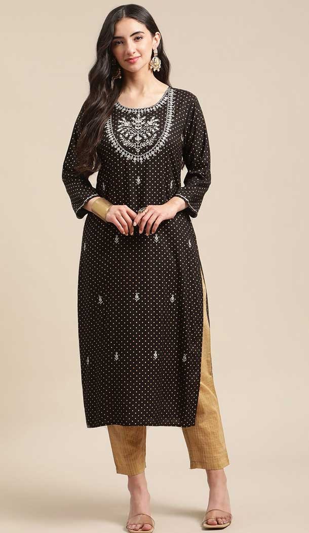 Heenastyle Black Color Poly Cotton Resham Work Readymade Party Wear Kurti 5641163567