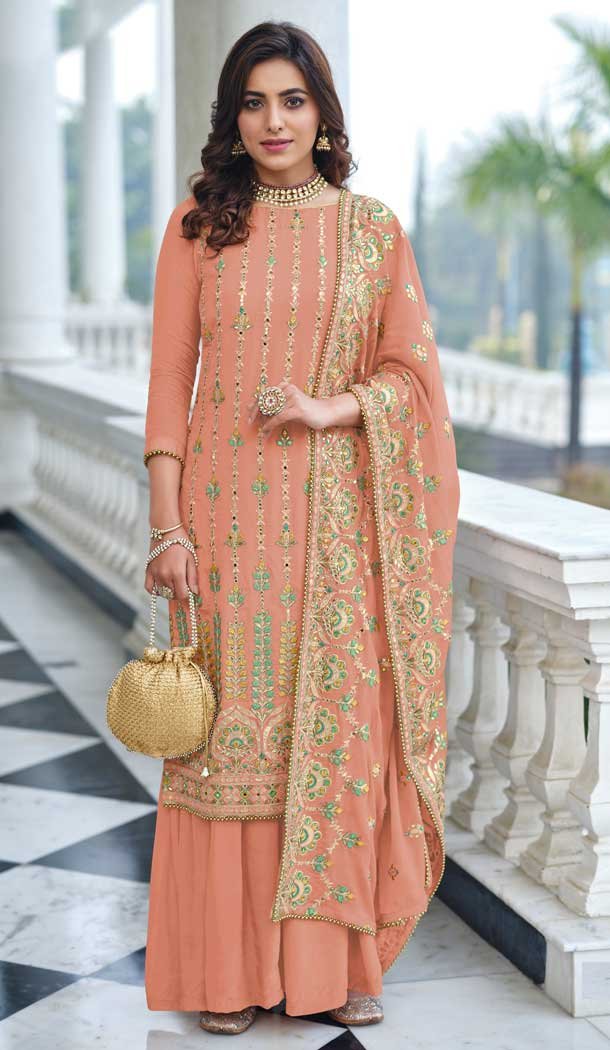 Indian Kurti, Peach Kurti with Plazzo , Indian suit, on sale Bollywood suit, Indian Salwar Kameez,Party wear suit, Peach Flare Kurta and Palazzo