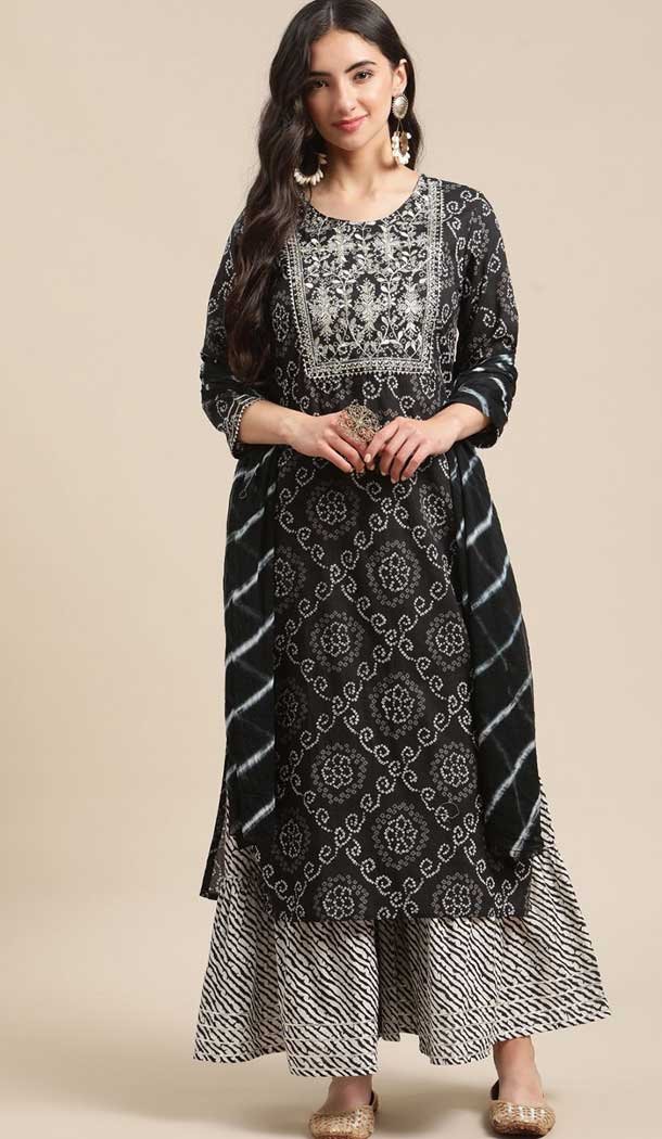 Black Color Poly Cotton Zari And Embroidery Work Party Wear Sharara Suit  -5708164087 - Heena Style