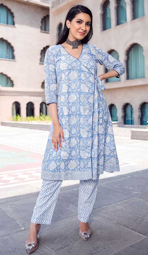 Kurta Set For Women - White & Navy Blue Printed Kurta with Trousers selling Dupatta Salwar Kameez Indian Dress Readymade Kurti Set Plus Size XXXL