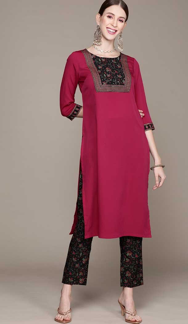 Dark Pink Color Crepe Floral Print Work Casual Wear Kurti And Pant -5752164384