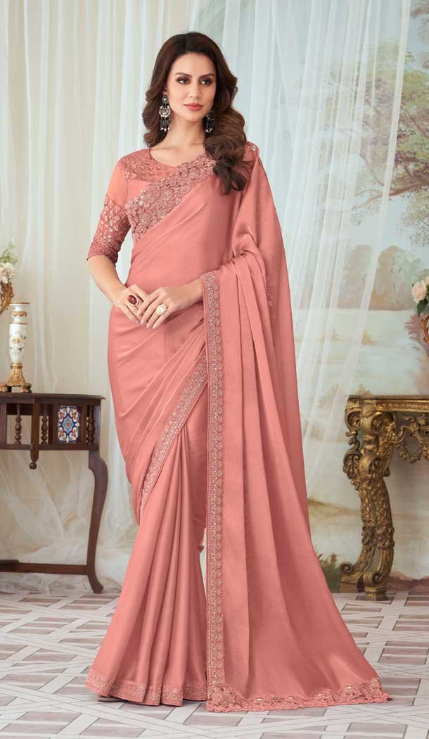 Dark Peach Color Glorious Silk Resham Work Party Wear Designer Saree 5852165056