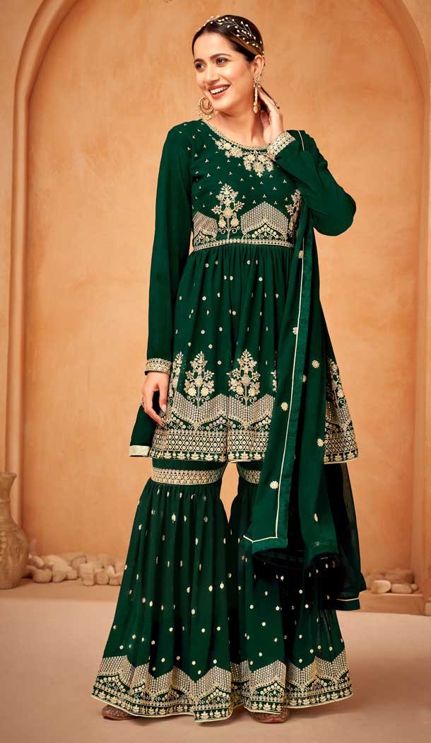 Ready To Wear Sharara Salwar 2024 Kameez, Georgette Kurta Top With Duppata, Bollywood Style Embroidery Work Sharara Salwar Suit, Exclusive Suit