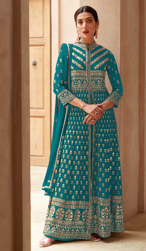 Blue Color Faux Georgette Resham Work Party Wear Palazzo Suit 5919165514