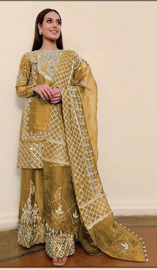 Festival Wear Yellow Color Organza Mirror Work Pakistan Palazzo