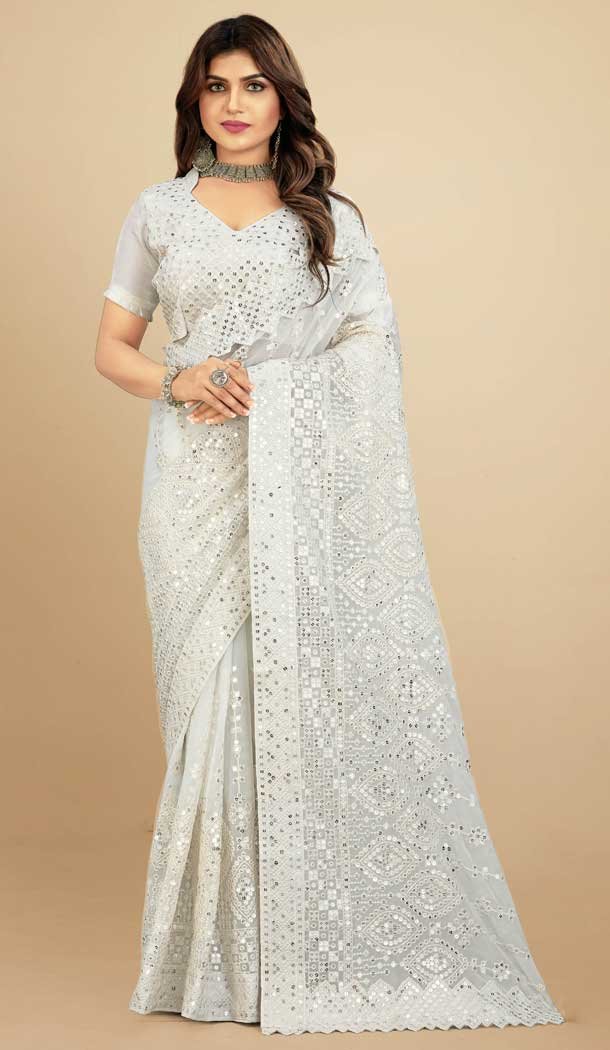 Bollywood Style White Net buy Saree Rich Pallu Embroidery Work Saree With Blouse Piece For Traditional Saree|Women Wear Saree|Party Wear Saree