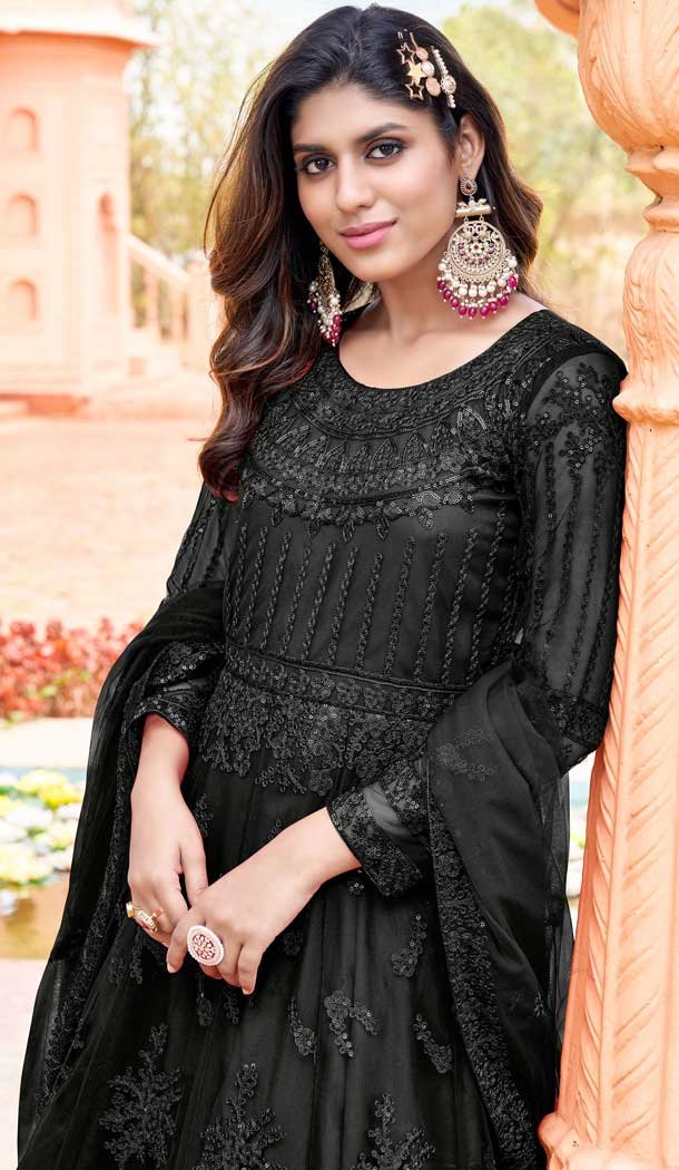 Black Color Net Embroidery Work Pakistani Style Anarkali Salwar Kameez -6235168153