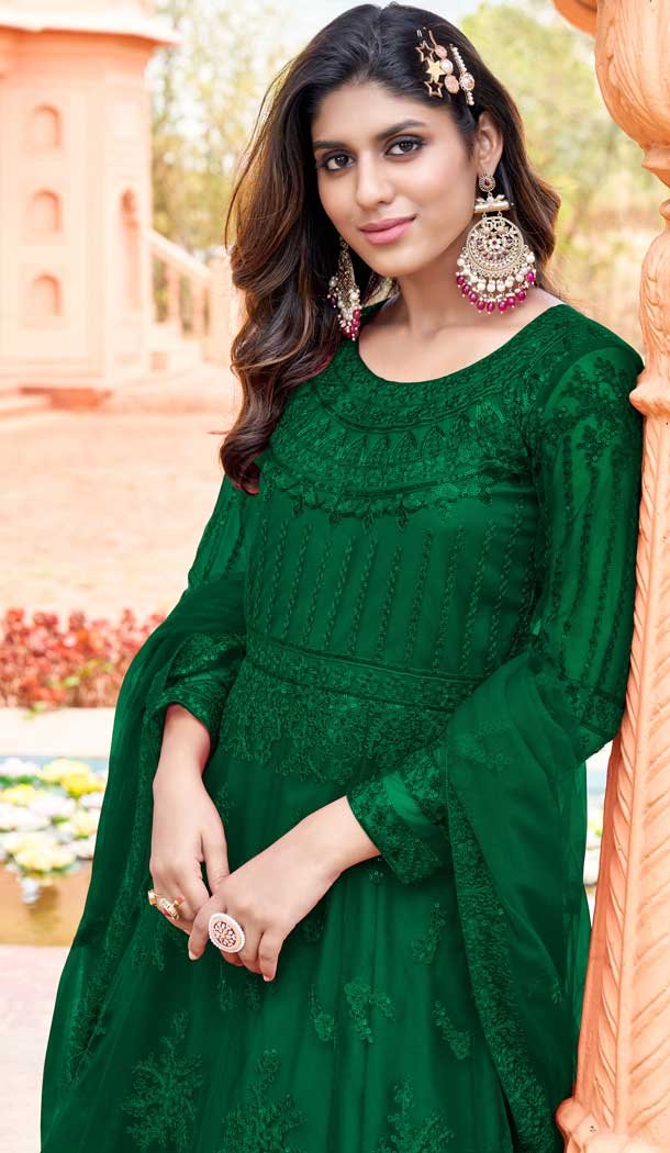 Contemporary Green Color Net Embroidery Work Pakistani Style Anarkali Salwar Kameez -6235168155