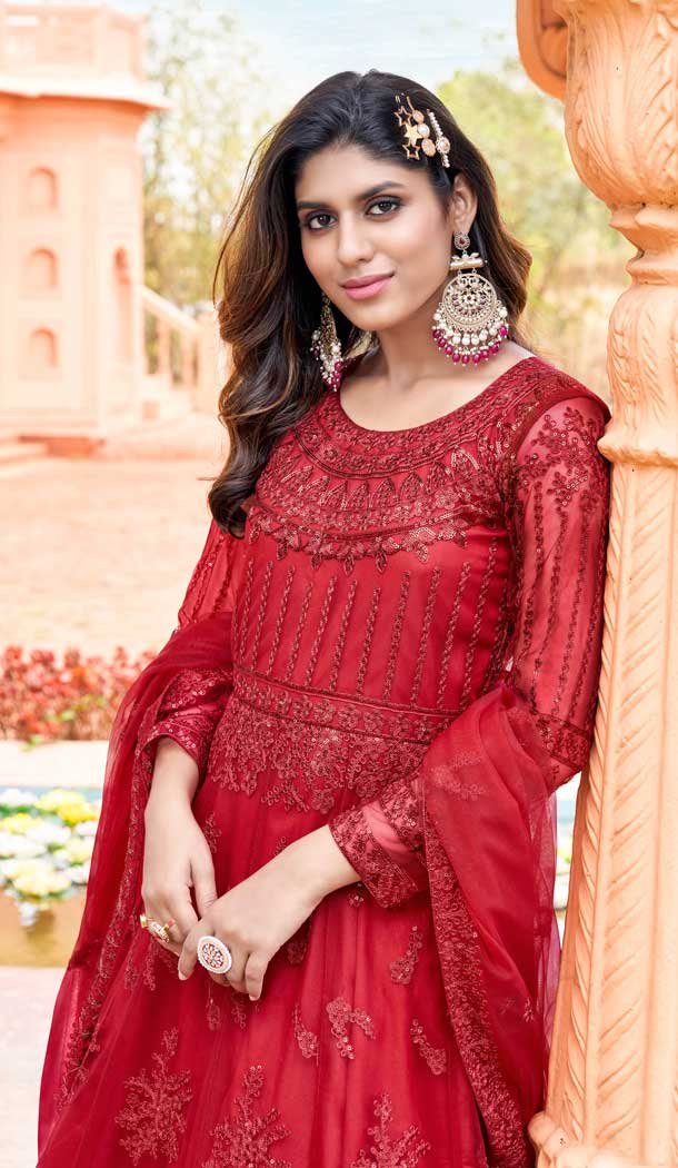 Red Color Net Embroidery Work Pakistani Style Anarkali Salwar Kameez -6235168156