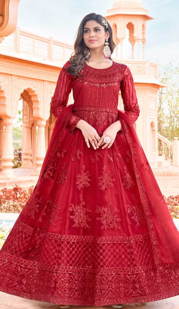 Red Color Net Embroidery Work Pakistani Style Anarkali Salwar Kameez -6235168156