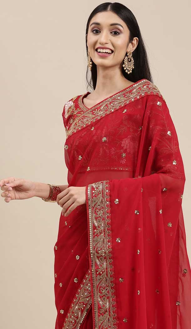 Red Color Heavy Georgette Embroidered Work Casual Party Wear Saree Blouse -6248168228