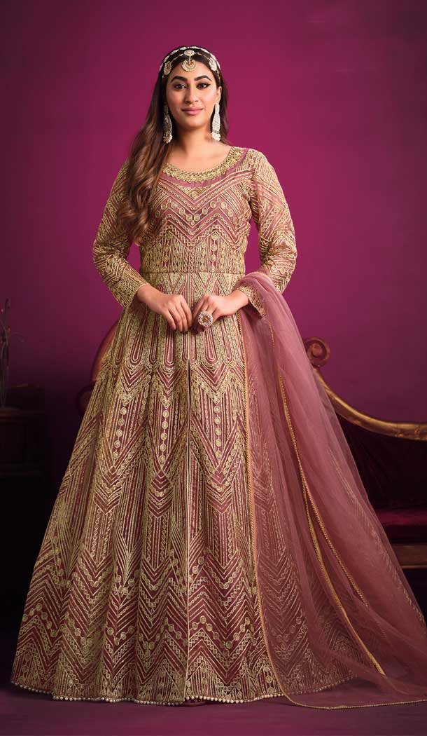 Pakistani Style Pink Color Net Embroidery Work Designer Anakali Salwar Kameez -6151167596