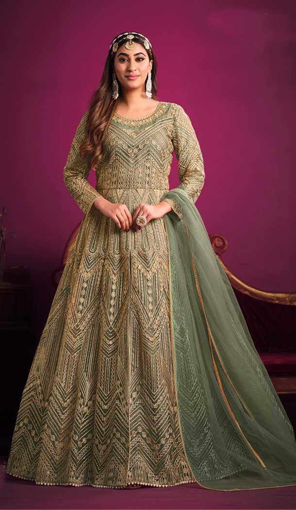 Pakistani Style Mint Green Color Net Embroidery Work Designer Anakali Salwar Kameez -6151167597