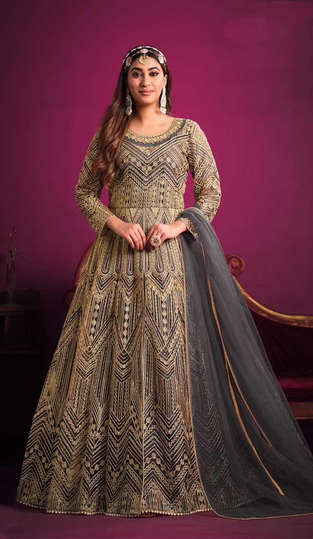 Pakistani Style Grey Color Net Embroidery Work Designer Anakali Salwar Kameez -6151167598