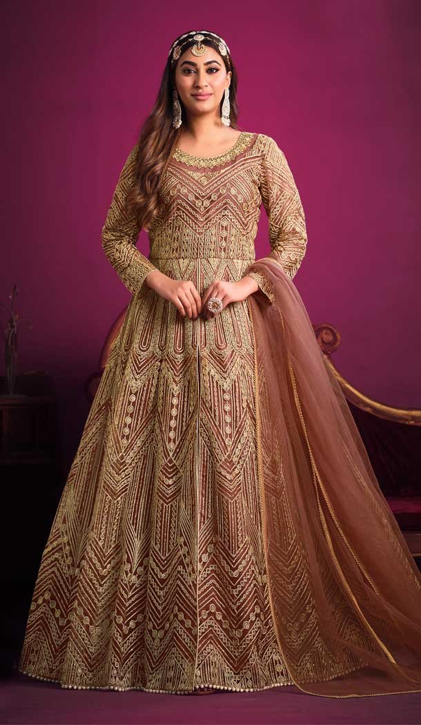 Pakistani Style Dark Peach Color Net Embroidery Work Designer Anakali Salwar Kameez -6151167599