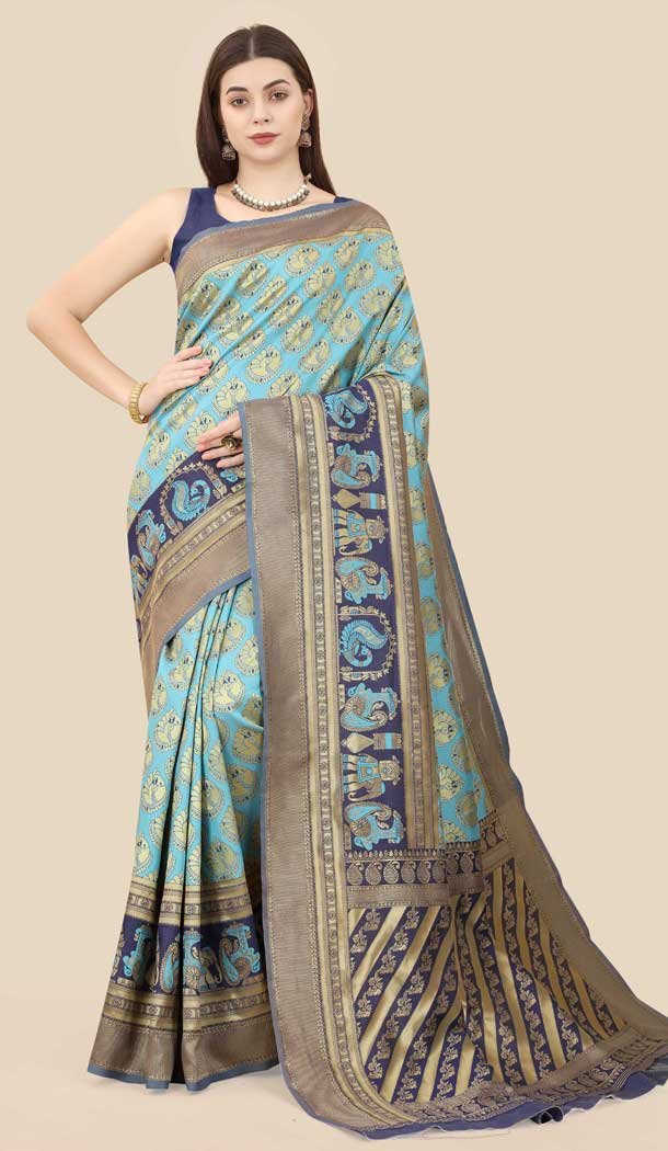 Blue Color Banarasi Weaving Silk Jacquard Work Casual Party Wear Saree -6258168275