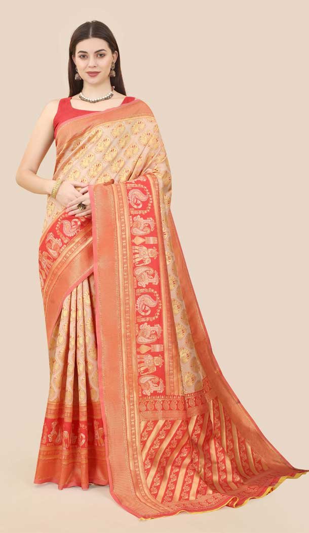 Beige Color Banarasi Weaving Silk Jacquard Work Casual Party Wear Saree -6258168277