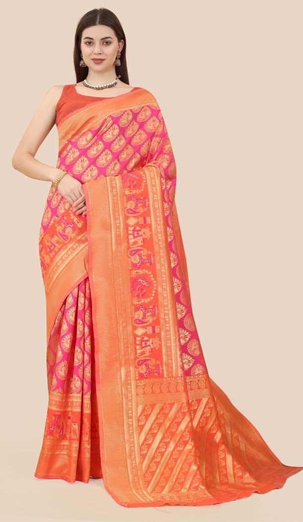 Pink Color Banarasi Weaving Silk Jacquard Work Casual Party Wear Saree -6258168278