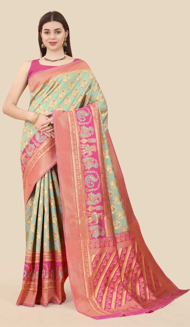 Mint Green Color Banarasi Weaving Silk Jacquard Work Casual Party Wear Saree -6258168279