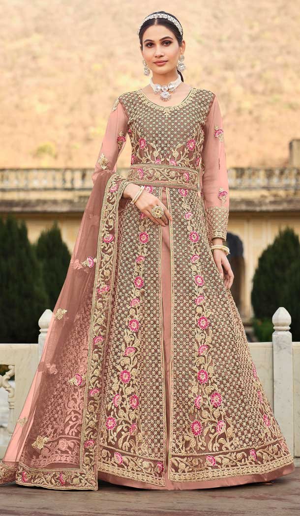 Pink Color Pure Butterfly Net Stone Work Designer Pakistani Style Long Salwar Kameez -6277168406