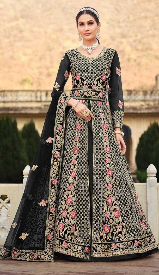 Black Color Pure Butterfly Net Stone Work Designer Pakistani Style Long Salwar Kameez -6277168407