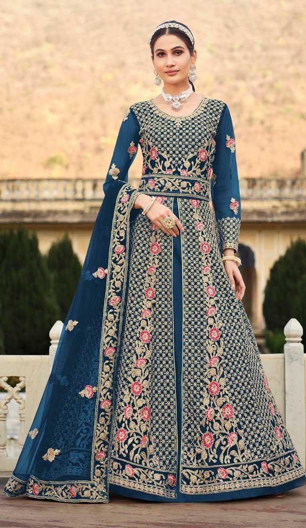 Teal Blue Color Pure Butterfly Net Stone Work Designer Pakistani Style Long Salwar Kameez -6277168408