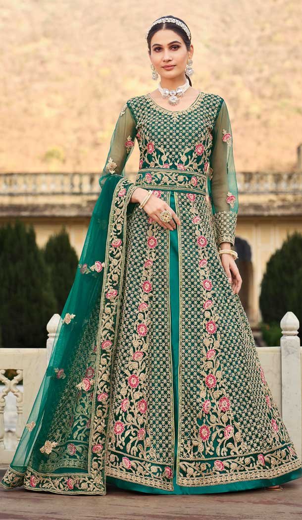 Rama Green Color Pure Butterfly Net Stone Work Designer Pakistani Style Long Salwar Kameez -6277168409