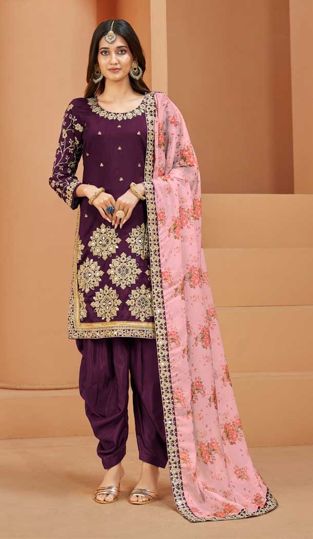 Punjabi Style Wine Color Art Silk Embroidery Work Party Wear Patiala Suit -6278168411