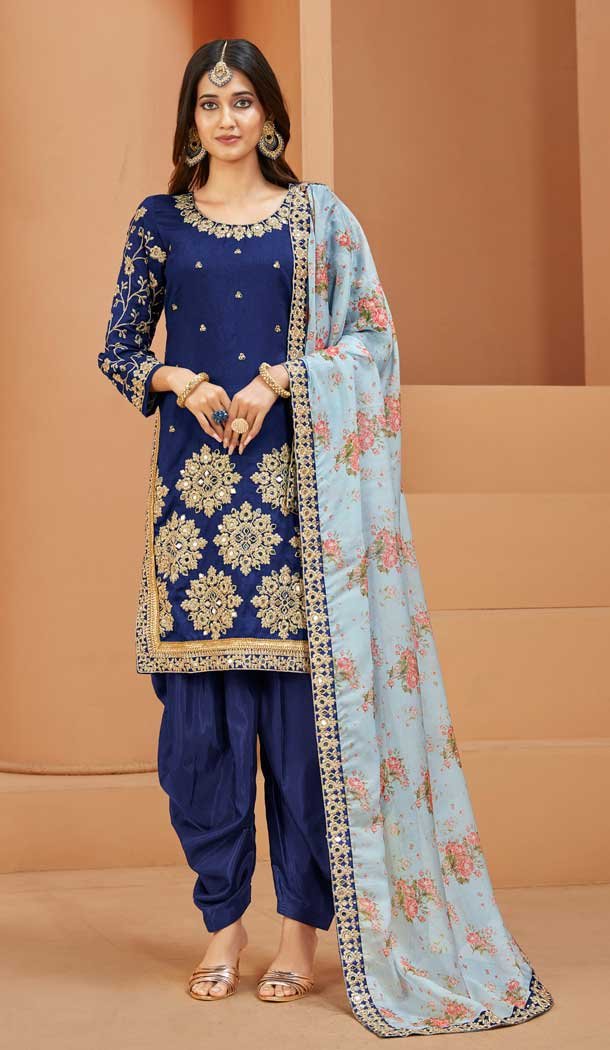 Punjabi Style Navy Blue Color Art Silk Embroidery Work Party Wear Patiala Suit -6278168412