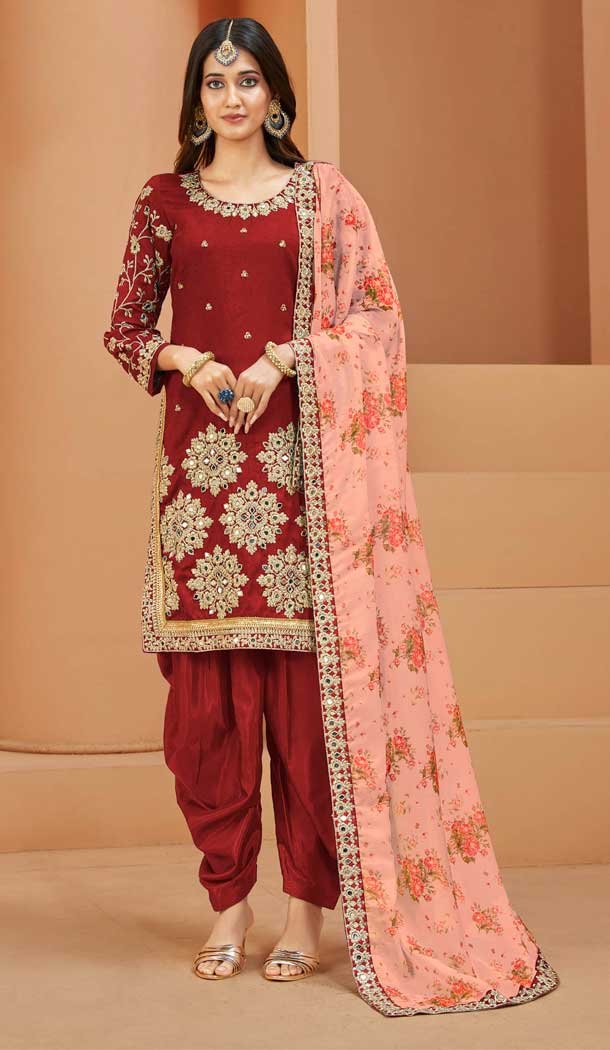 Punjabi Style Maroon Color Art Silk Embroidery Work Party Wear Patiala Suit -6278168413