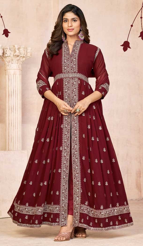 Maroon Color Georgette Embroidery Work Pakistani Anarkali Suits For Women -6384169248