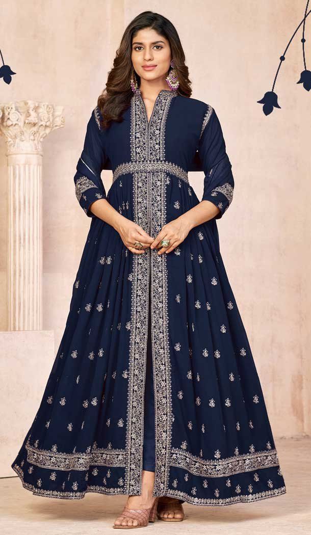 Navy Blue Color Georgette Embroidery Work Pakistani Anarkali Suits For Women -6384169252