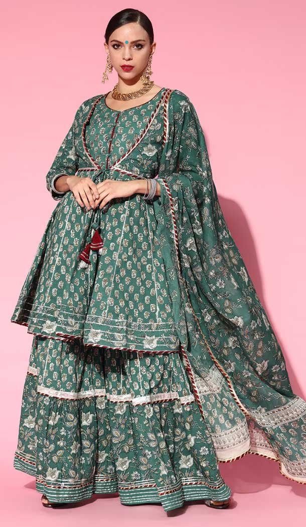 Green Color Cotton Blend Printed Gota Patti Work Designer Readymade Sharara Suit -6872172890