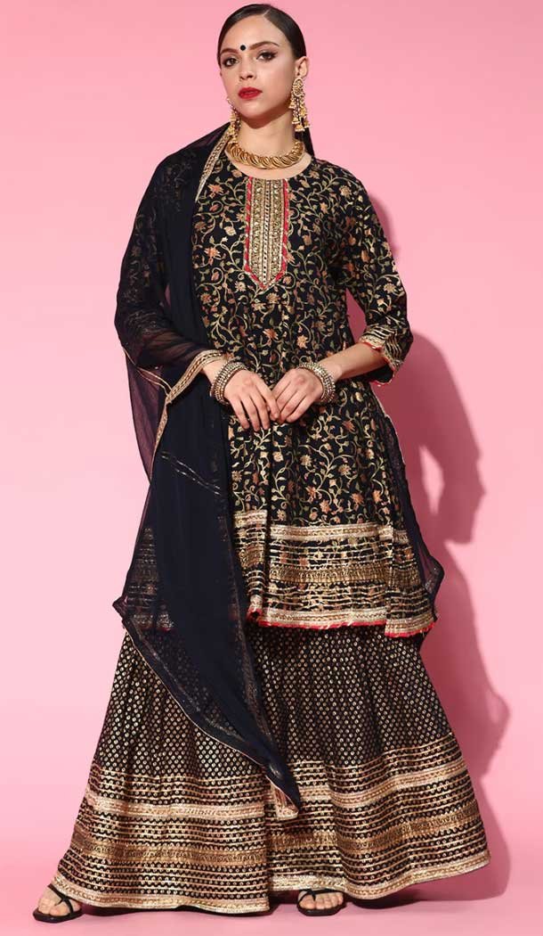 Attractive Black Color Cotton Blend Printed Work Designer Readymade Sharara Suit -6872172896