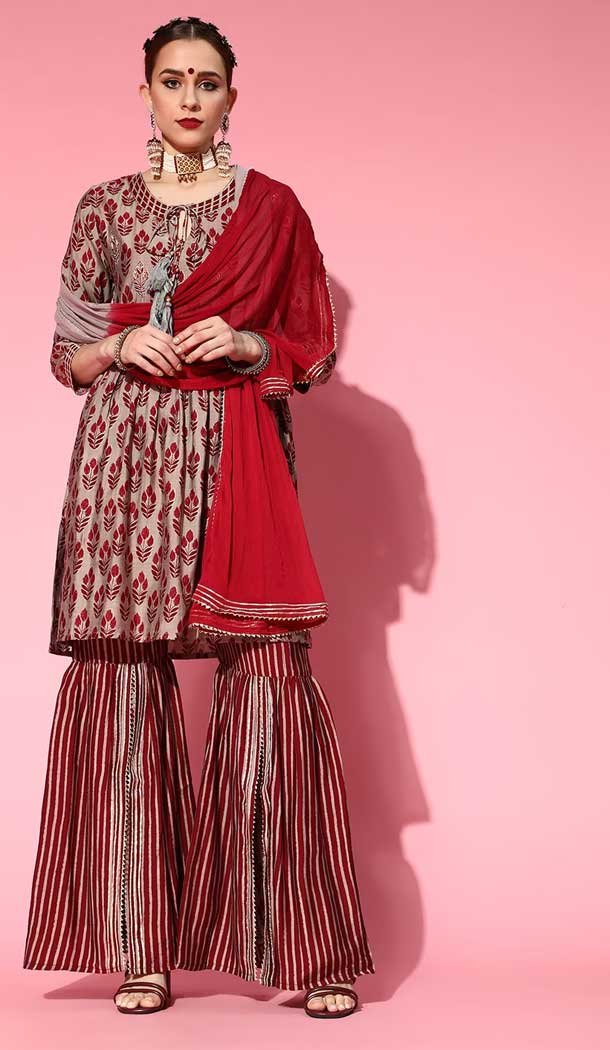 Enigmatic Maroon Color Cotton Blend Printed Work Designer Readymade Sharara Suit -6872172897