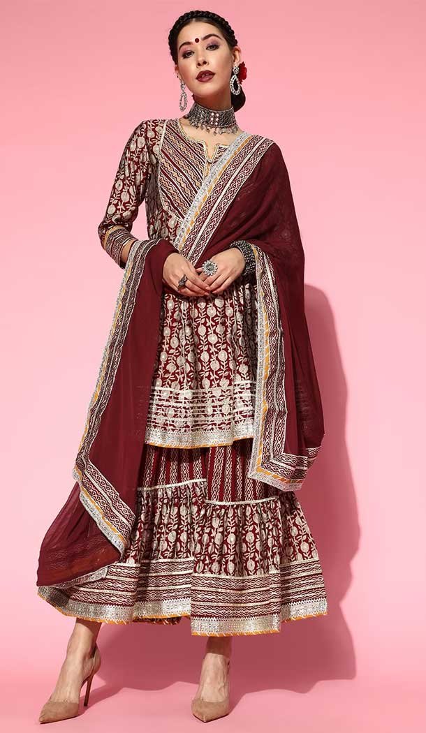 Ethnic Dark Maroon Color Cotton Blend Printed Work Designer Readymade Sharara Suit -6872172898