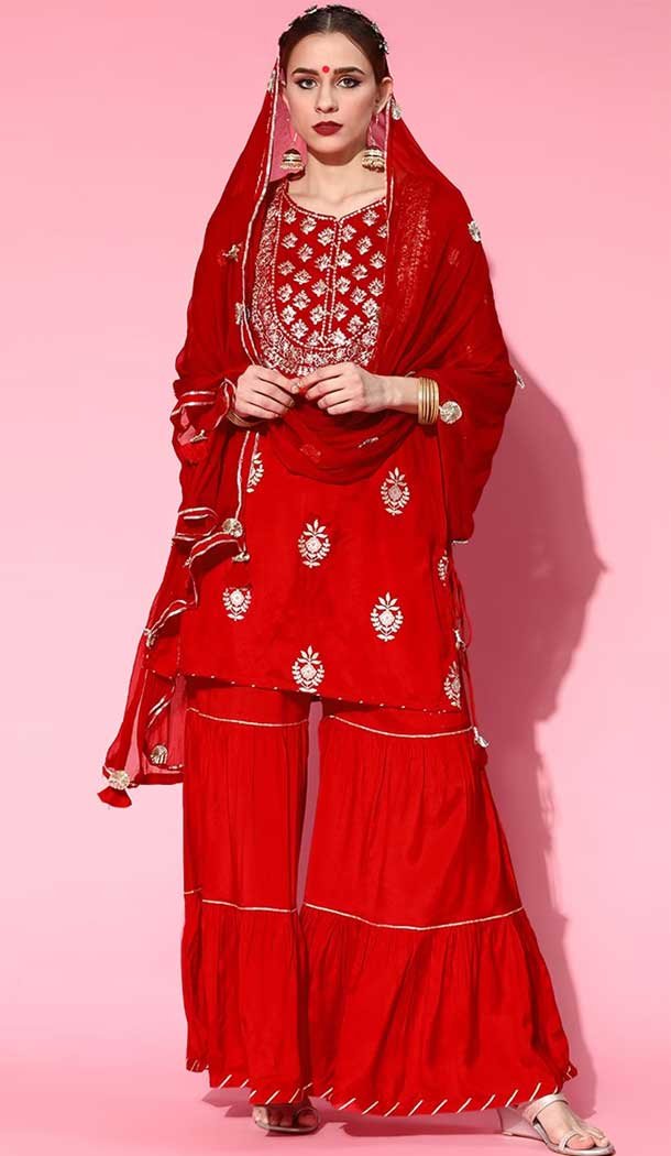 Contemporary Red Color Cotton Blend Printed Work Designer Readymade Sharara Suit -6872172899