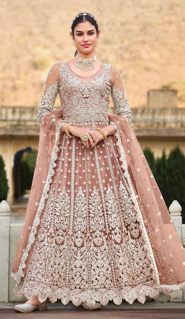 Pure Butterfly Net Front Stone Work Designer Anarkali Salwar Kameez in Peach -6550170488