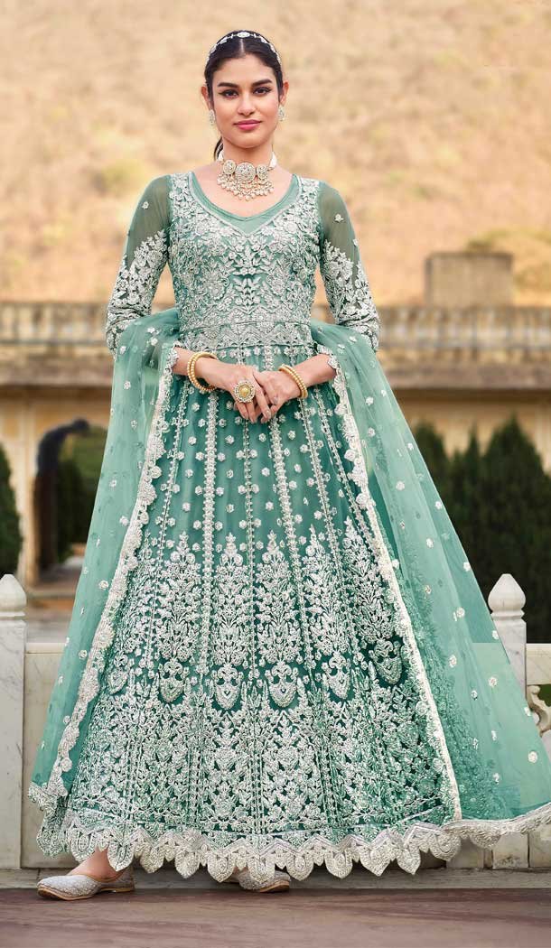 Pure Butterfly Net Front Stone Work Designer Anarkali Salwar Kameez in Blue -6550170489